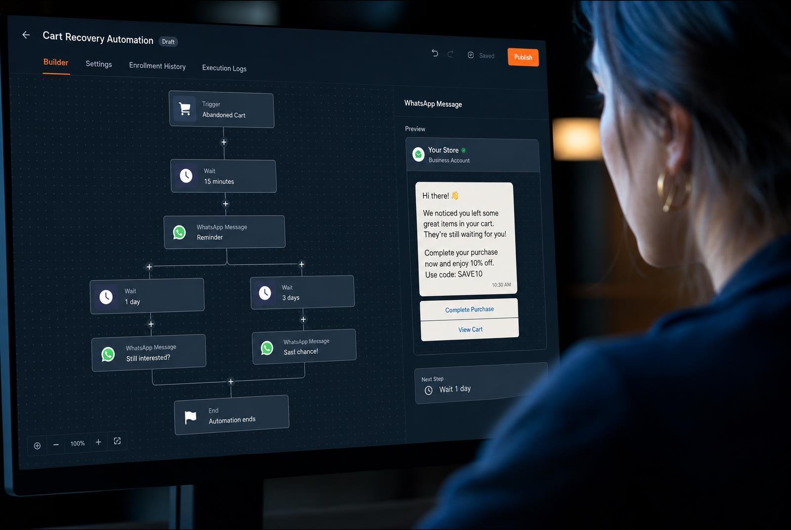 Tela de construtor de automação exibindo o fluxo de recuperação de carrinho abandonado com esperas cronometradas e mensagens de WhatsApp